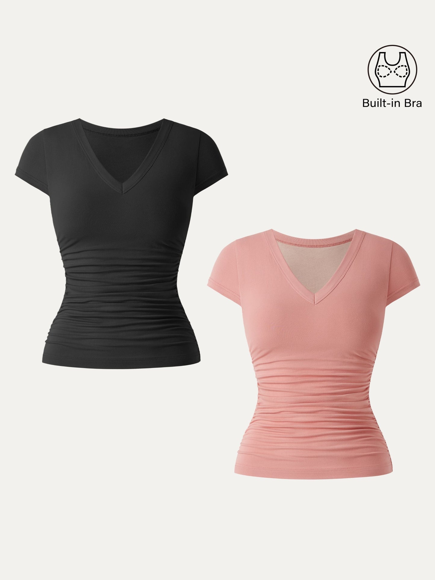 2Pcs Set Elevated V-neck Side Ruched Cap Sleeve Brami Tee