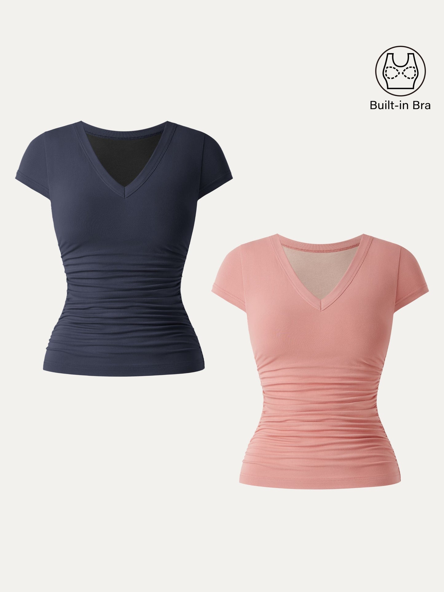 2Pcs Set Elevated V-neck Side Ruched Cap Sleeve Brami Tee