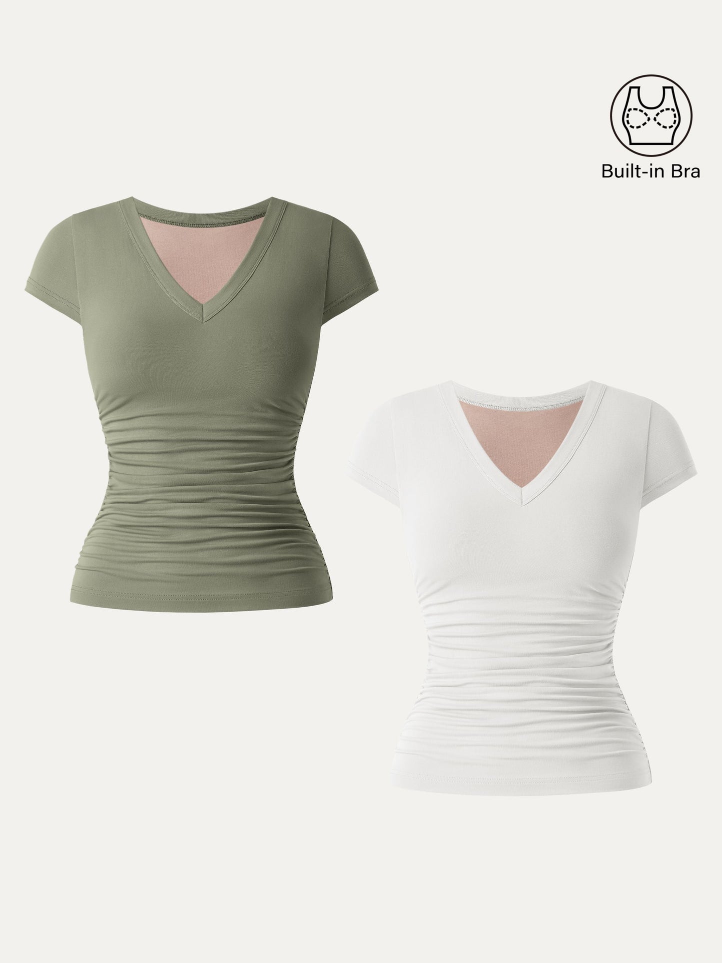 2Pcs Set Elevated V-neck Side Ruched Cap Sleeve Brami Tee