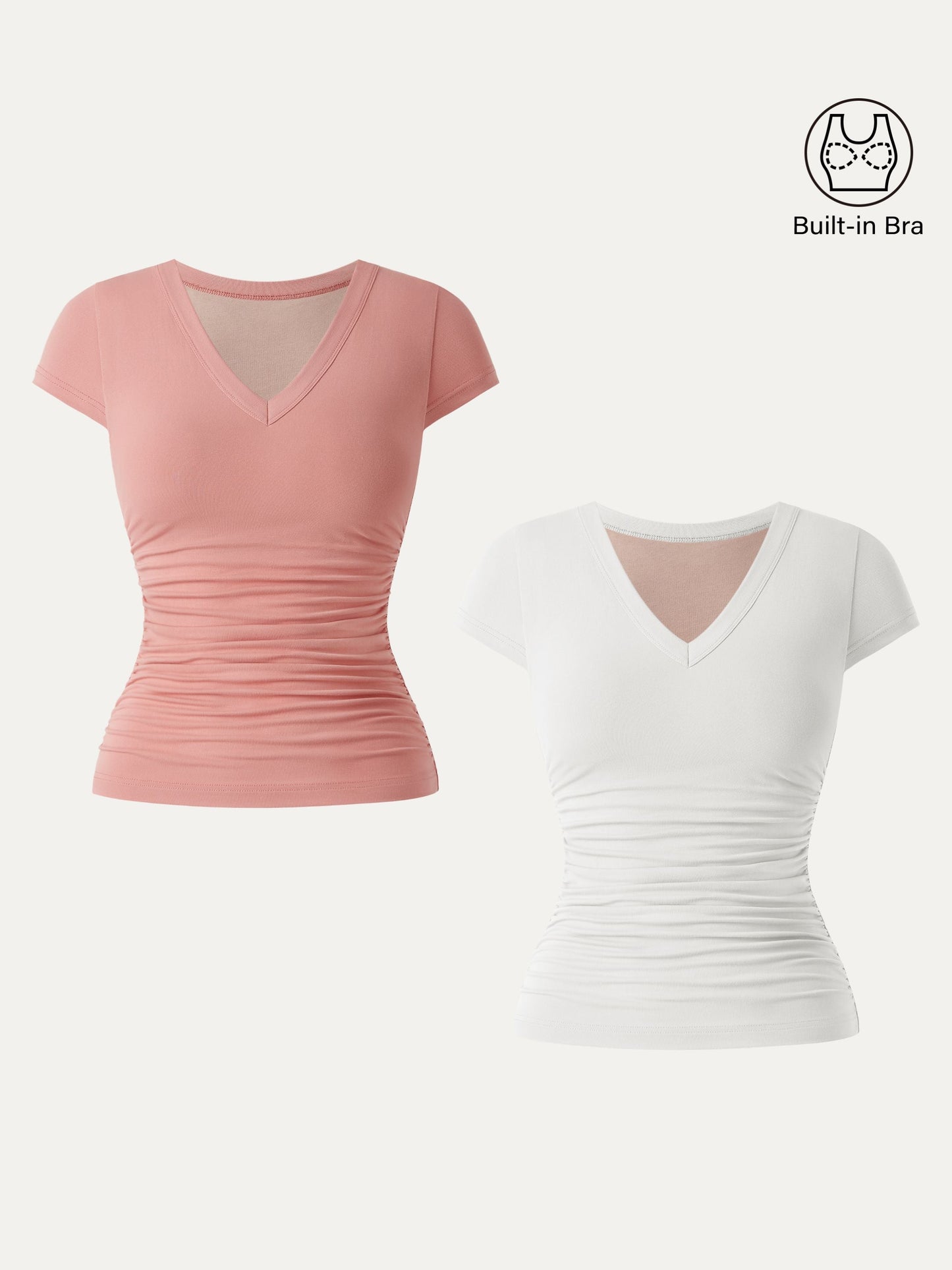 2Pcs Set Elevated V-neck Side Ruched Cap Sleeve Brami Tee