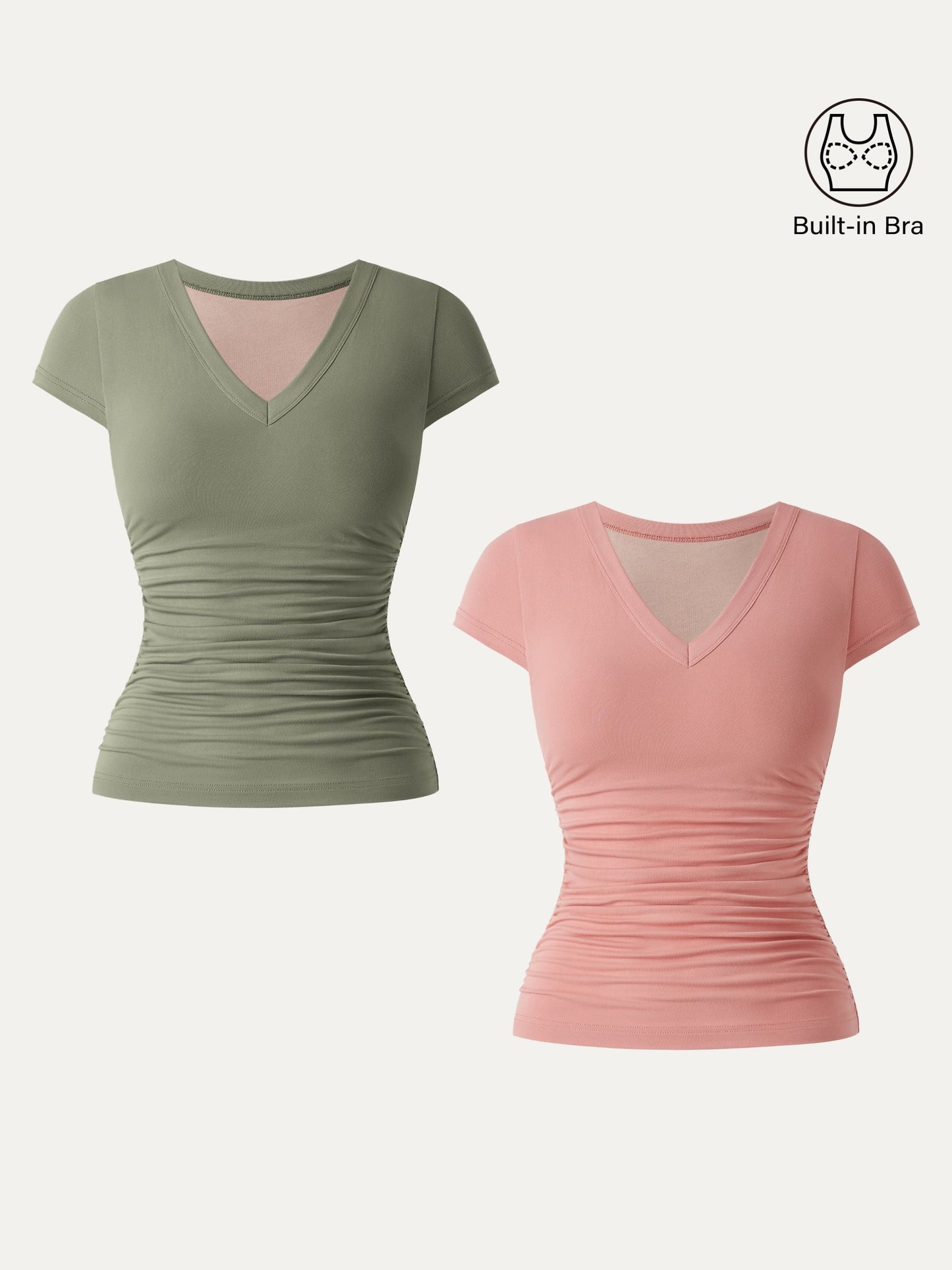 2Pcs Set Elevated V-neck Side Ruched Cap Sleeve Brami Tee
