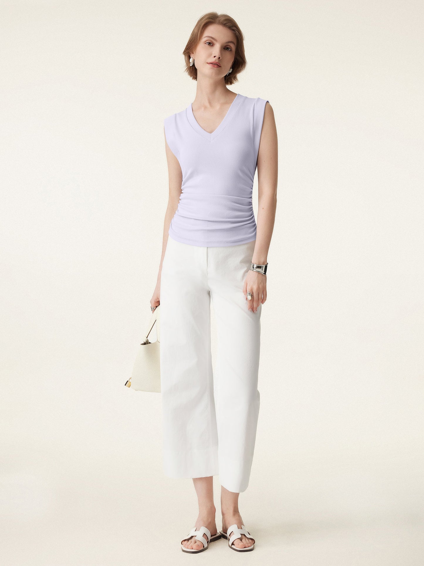 Stretch Cotton V-neck Side Ruched Muscle Tee