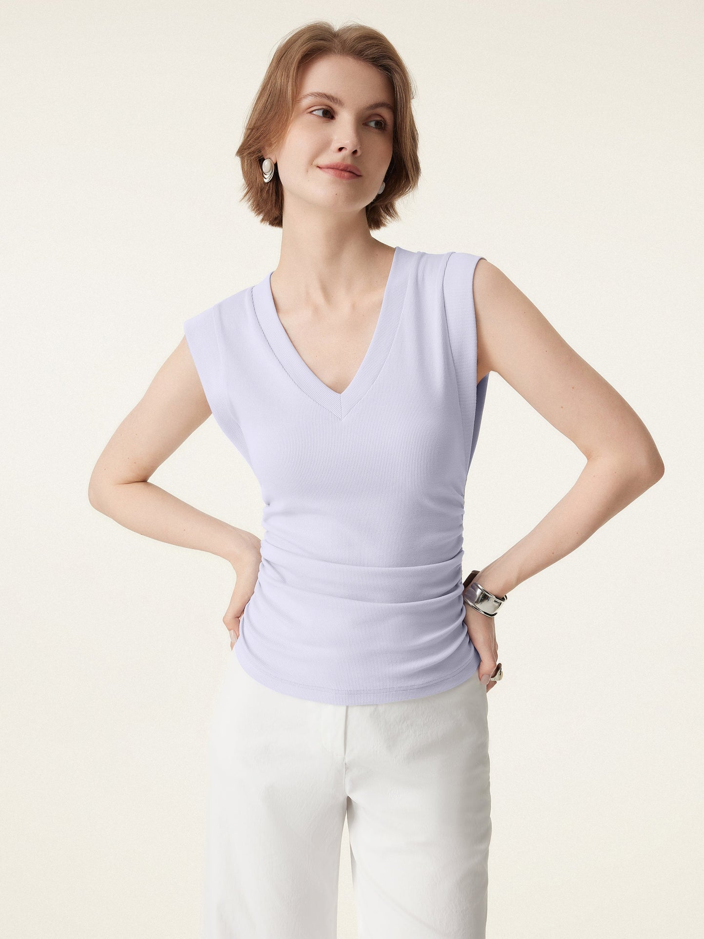 Stretch Cotton V-neck Side Ruched Muscle Tee