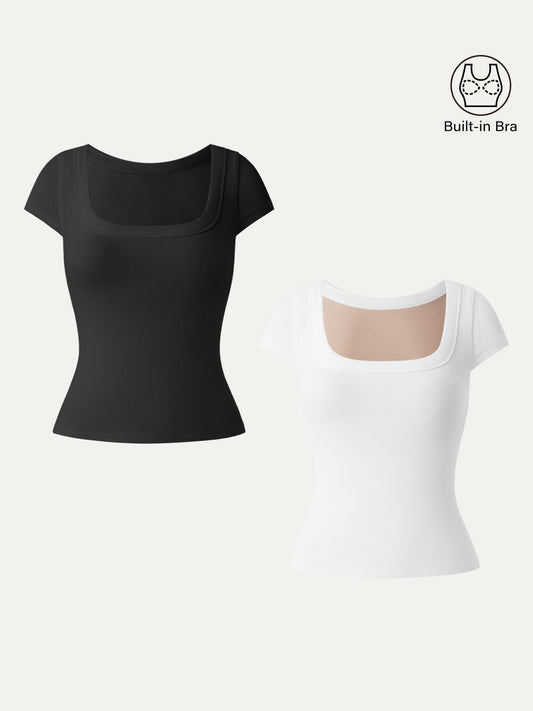 2Pcs Set Stretch Cotton Square Neck Cap Sleeve Brami