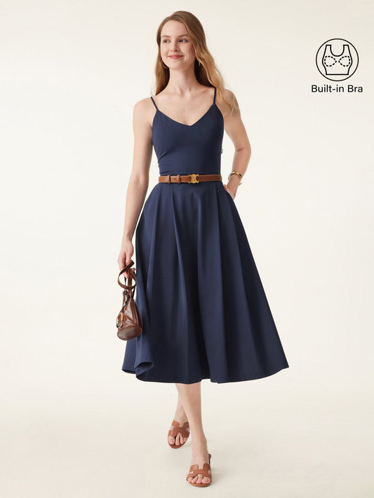 Bamboo Ponte V-neck Fit-and-flare Midi Brami Sundress with Pockets