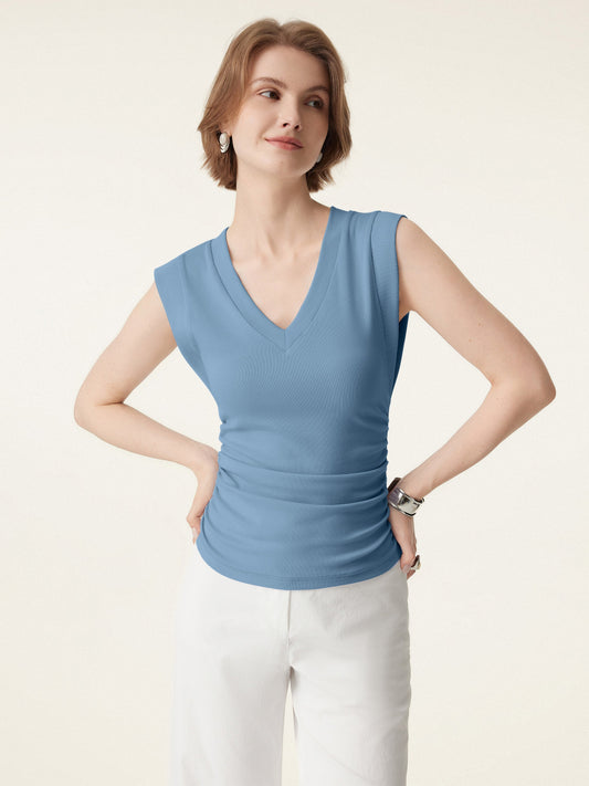 Stretch Cotton V-neck Side Ruched Muscle Tee