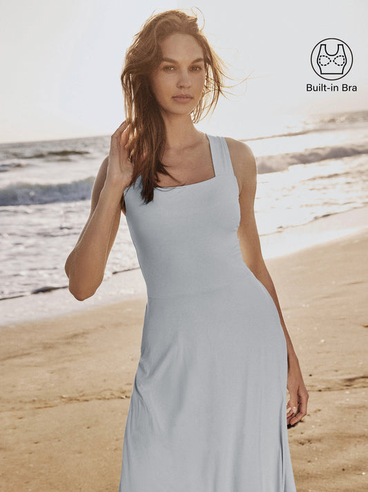 Flowy Square Neck Wide Straps Midi Brami Dress with Pockets