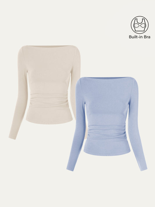 2Pcs Set Modern Side Ruched Boatneck Brami Top