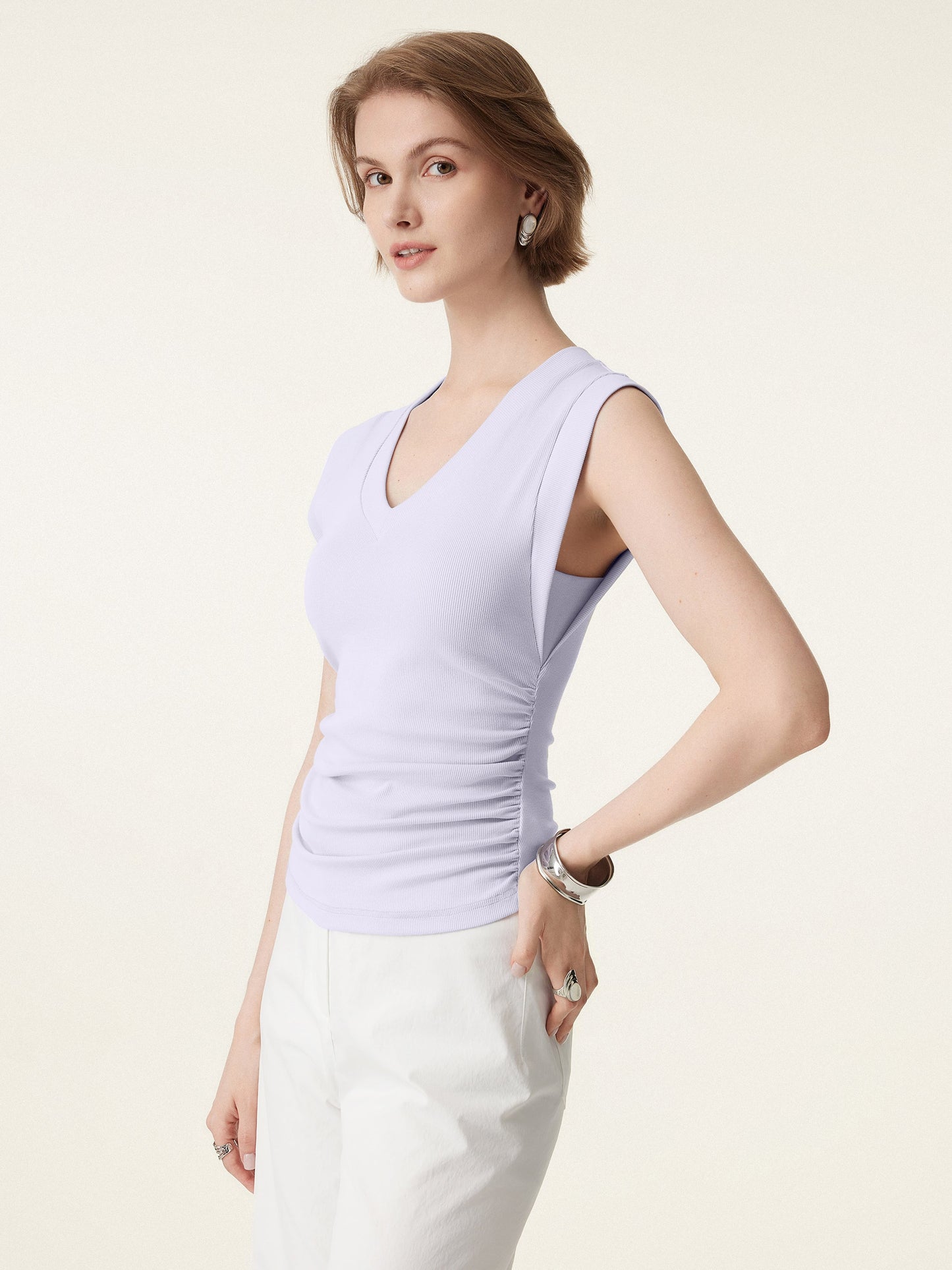 Stretch Cotton V-neck Side Ruched Muscle Tee