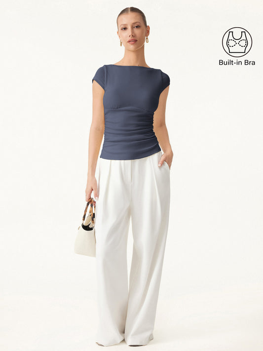 Sandwashed Boatneck Cap Sleeve Ruched Brami